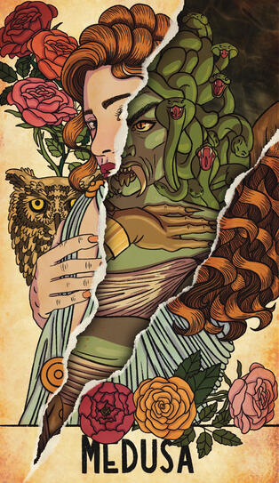 Inspired by Greek mythology, this illustration delves into the transformation of Medusa from a beautiful priestess to a monstrous figure. The torn face symbolizes the duality of her nature, caught between beauty and horror.