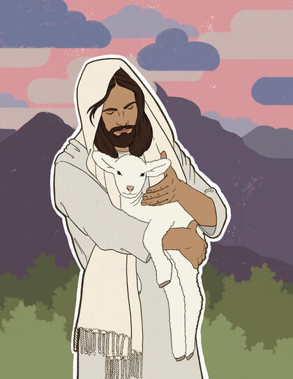 An illustration created as a baptism gift, portraying Christ with a lamb, symbolizing His gentle love and protection.