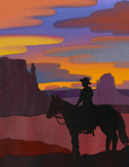 An illustration for a poem, "Vaqueros", depicting the Mexican desert at sunset. The vibrant sky and detailed landscape convey a sense of solitude and vastness, inviting viewers to immerse themselves in its beauty.