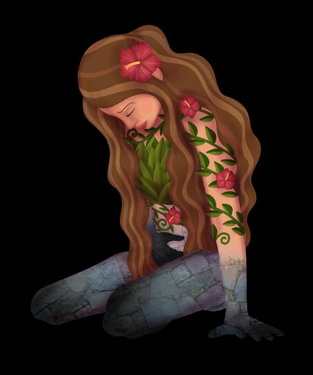 The Earth goddess cradles her womb, a stark representation of the environmental struggles we face. Her anguish is palpable as she grapples with the weight of human impact, urging us to heed her silent plea for preservation and reverence.