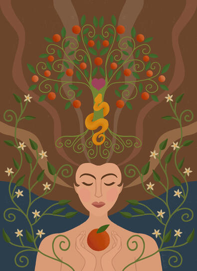 Eve's contemplation of agency with the orange, symbolizing the forbidden fruit. Reflecting on her choice with eyes closed, she showcases deliberate decision-making. A personal favorite.