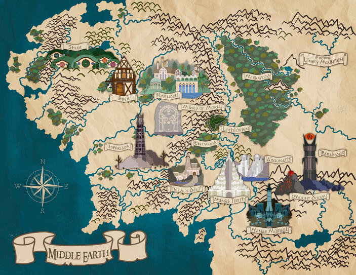 An illustrated map of Middle Earth, blending storytelling and cartography. Each landmark from 'The Lord of the Rings' is vividly depicted, inviting viewers on a journey through this beloved world.
